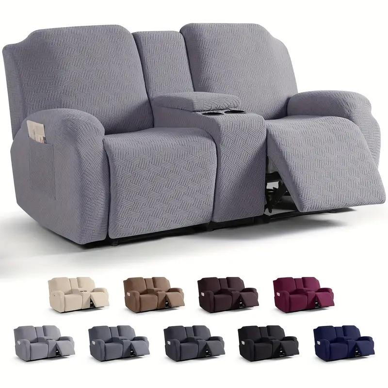 Juego clsico de fundas para silln reclinable de consola central de 8 piezas: polister elstico y spandex con cierre elstico, funda para muebles lavable a mquina de dise?o de una sola pieza para silln de masaje de teatro de 2 asientos