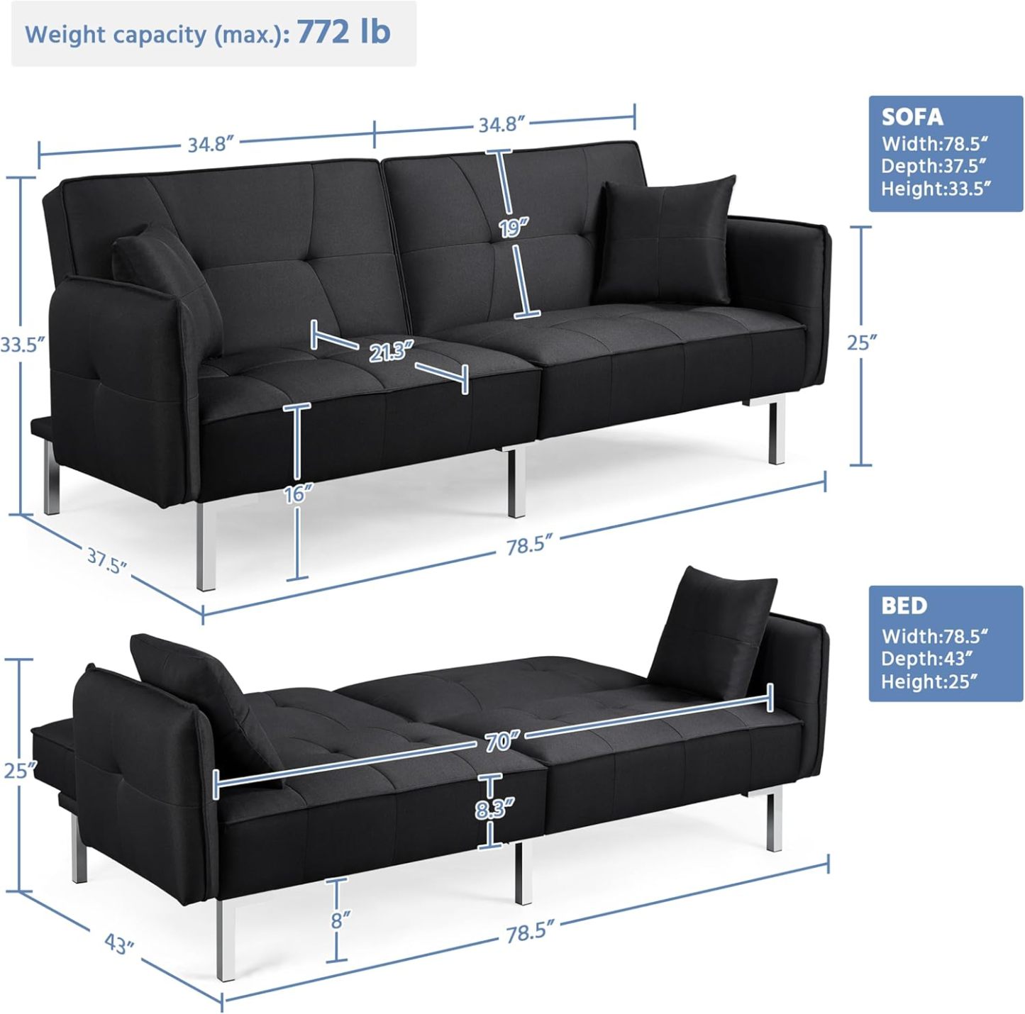 Yaheetech Sofá Cama Convertible Moderno futón sofás, Cama Plegable y Abajo, Tela de Lino reclinable para Sala de Estar, Color Gris