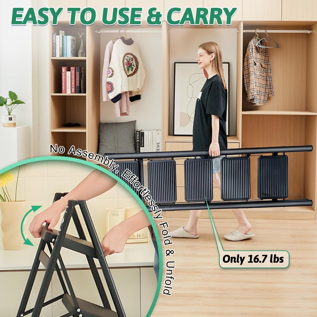 Escalera plegable de 5 peldaños de carga de 350 libras para el hogar/interior, escalera alta de cocina/clóset para adultos, escalera ligera compacta con pedal ancho antideslizante, color