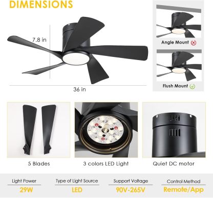 CHESUR - Ventiladores de techo negros con luces – Ventilador de techo de perfil bajo de montaje empotrado de 36 pulgadas con mando a distancia/aplicación, regulable y 3CCT, reversible, moderno
