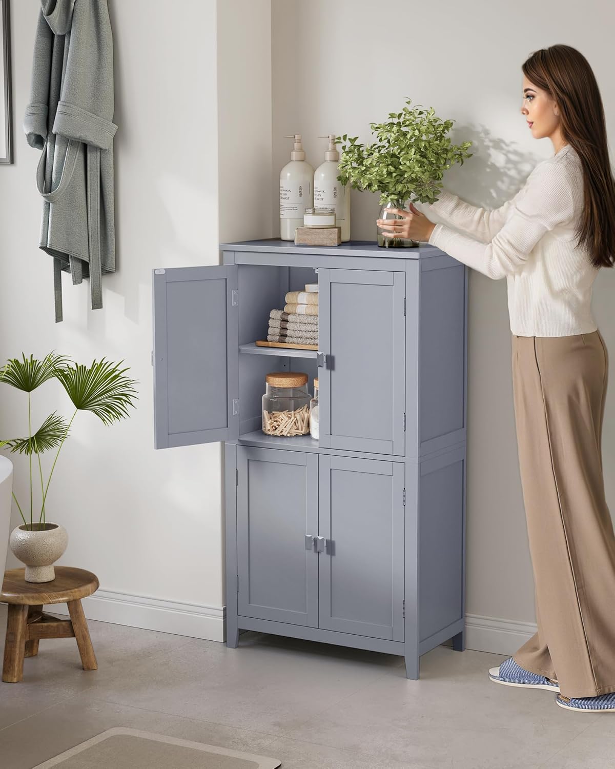 VASAGLE Mueble de Baño, Armario de Baño, Armario de Cocina, con 2 Puertas y 2 Cajones, Estantes Ajustables, 30 x 60 x 110 cm, Gris Paloma MBBC551G02