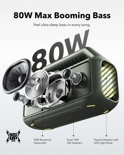Soundcore Boom 2 bocina, 60W RMS y Tecnología BassUp, 24 Horas de reproducción, Sincroniza +100 Altavoces, IPX 7 y flotación, Altavoz Inalámbrico, Portátil Bluetooth, Party Box