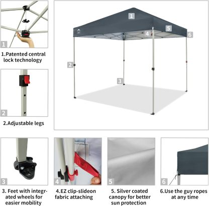 CROWN SHADES - Toldo desplegable para la Playa, fácil de armar, para el Aire Libre, Eventos, Fiestas, Campamento, Cubierta STO-N-Go, Parte Superior recubierta de Plata, 10 x 10 Pulgadas, Blanco