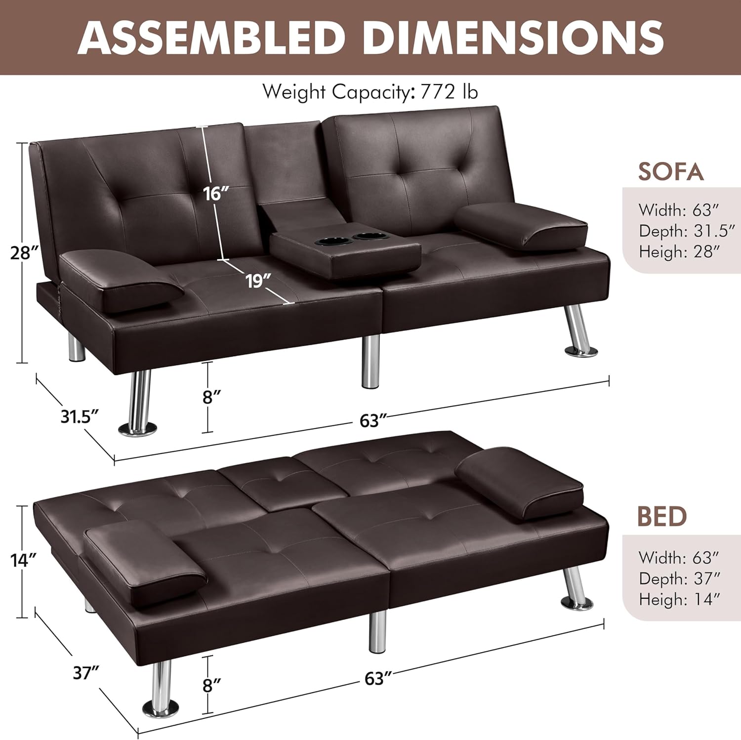 Yaheetech - Sofá Cama Convertible Ajustable, Moderno sillón reclinable de Piel sintética Reversible, sofá Cama Plegable, reposabrazos extraíbles, portavasos, 3 ángulos, Capacidad de 700 Libras, Color