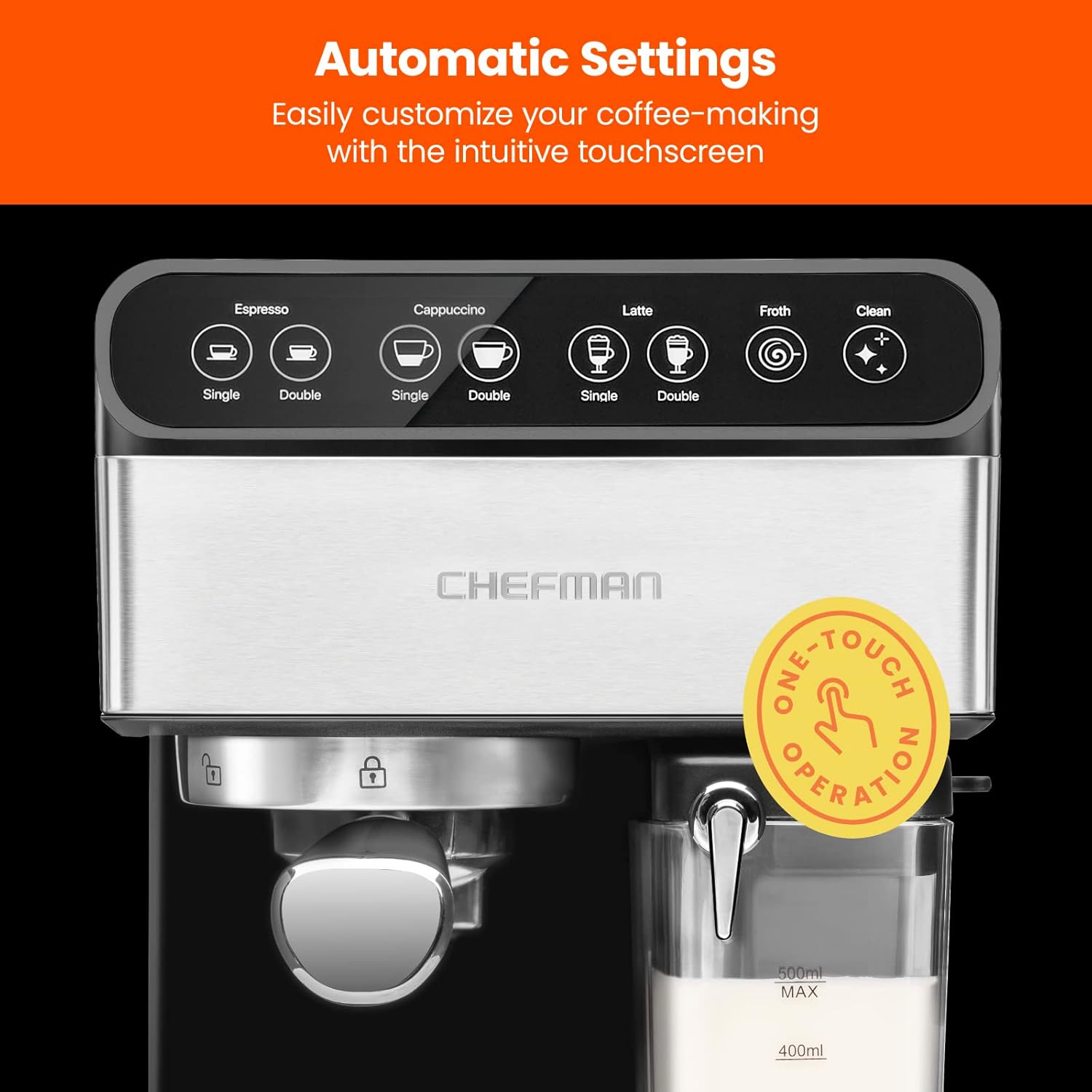 Chefman - Máquina de café espresso , Prepare espresso, capuchinos, lattes y más con calidad de una cafetería, depósito de agua de 1,8 litros, acero inoxidable