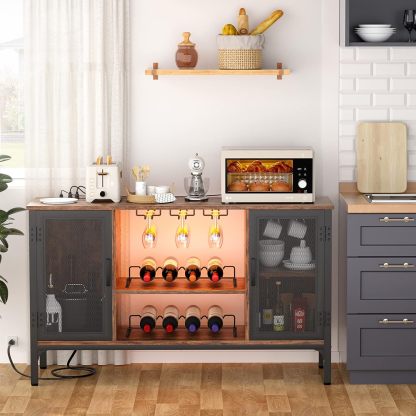 Homieasy Gabinete de Bar de Vino con Tomas de Corriente y Luces LED, Gabinete Industrial para Licor con Estantes de Vino Ajustables, Gabinetes de Estación de Café con Almacenamiento para Cocina/Hogar
