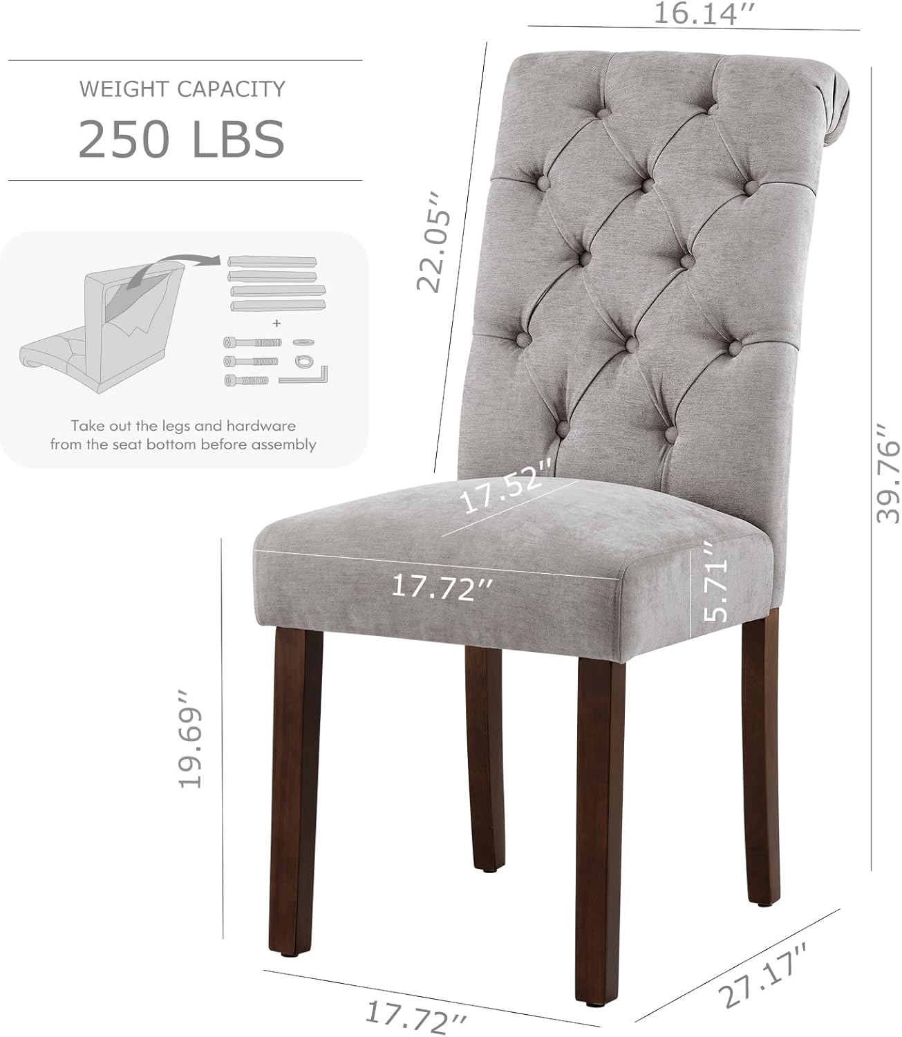 COLAMY - Juego de 6 sillas de Comedor con Botones y tapizadas, con Patas de Madera Maciza y Asiento Acolchado para Comedor, Cocina, Color Gris