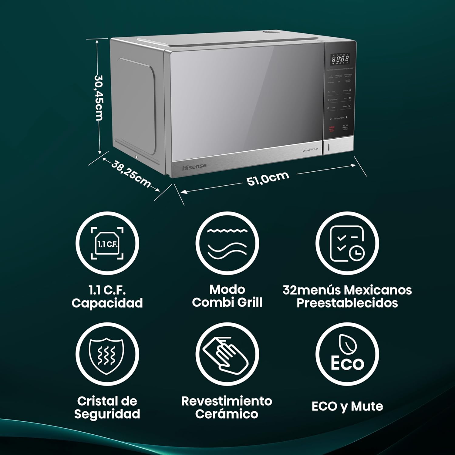 Horno de Microondas Hisense, 1.1 Pies Cúbicos, 10 Niveles de Potencia, Color Gris, Modelo HMMG3010SMG
