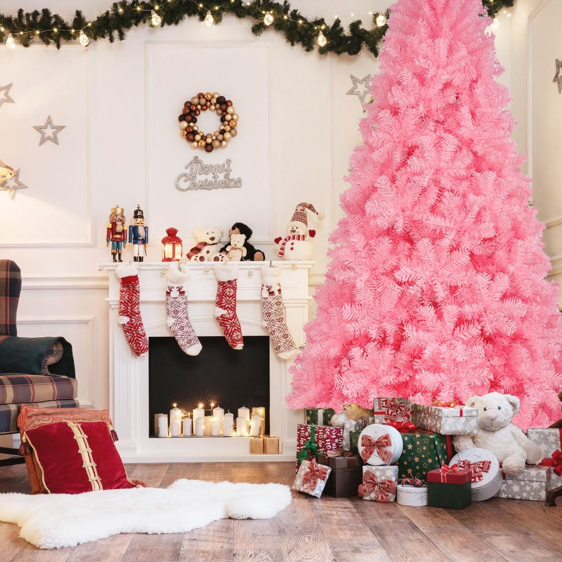 KTKDE Árbol de Navidad artificial de abeto de 7 pies, árbol de Navidad verde realista con 1.450 puntas de árbol, 300 postes de luz LED alimentados por pilas, pentáculo dorado de 7.8 pulgadas, perfecto