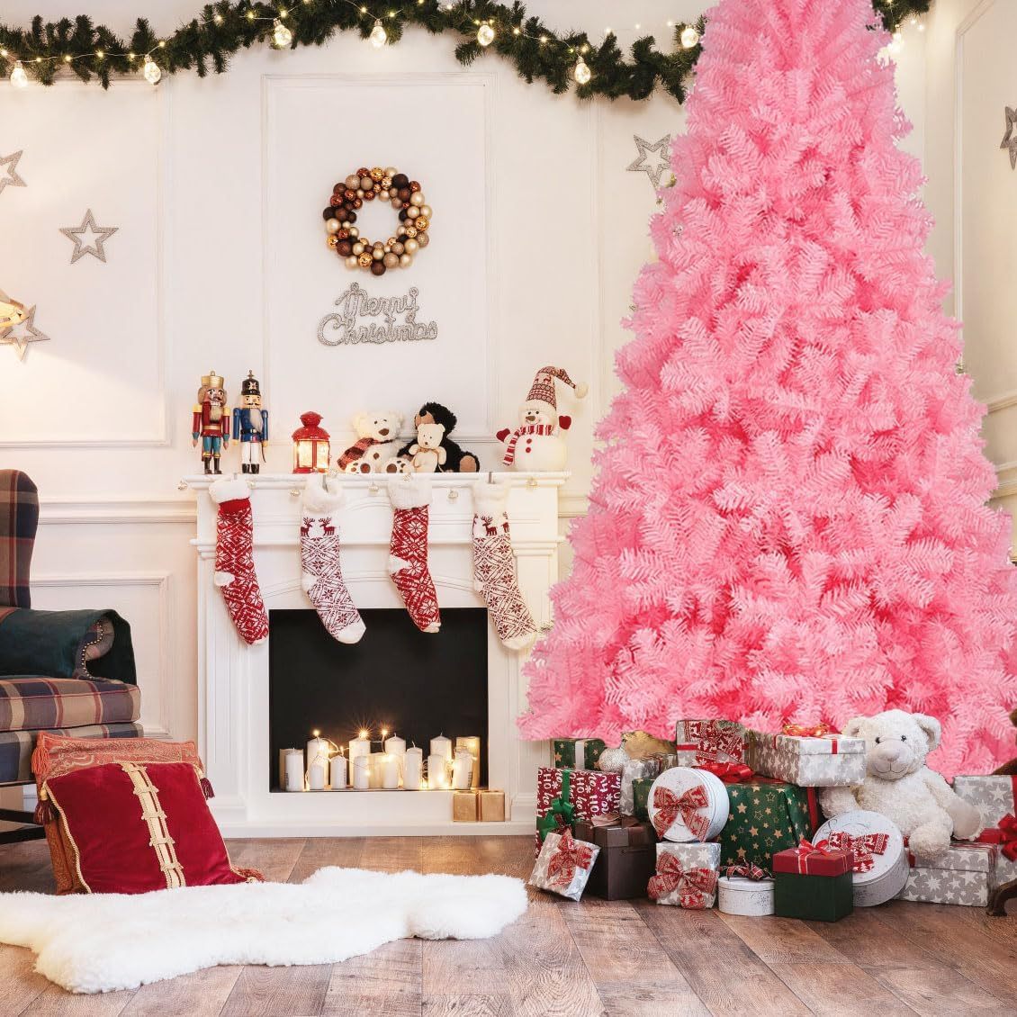 KTKDE Árbol de Navidad artificial de abeto de 7 pies, árbol de Navidad verde realista con 1.450 puntas de árbol, 300 postes de luz LED alimentados por pilas, pentáculo dorado de 7.8 pulgadas, perfecto