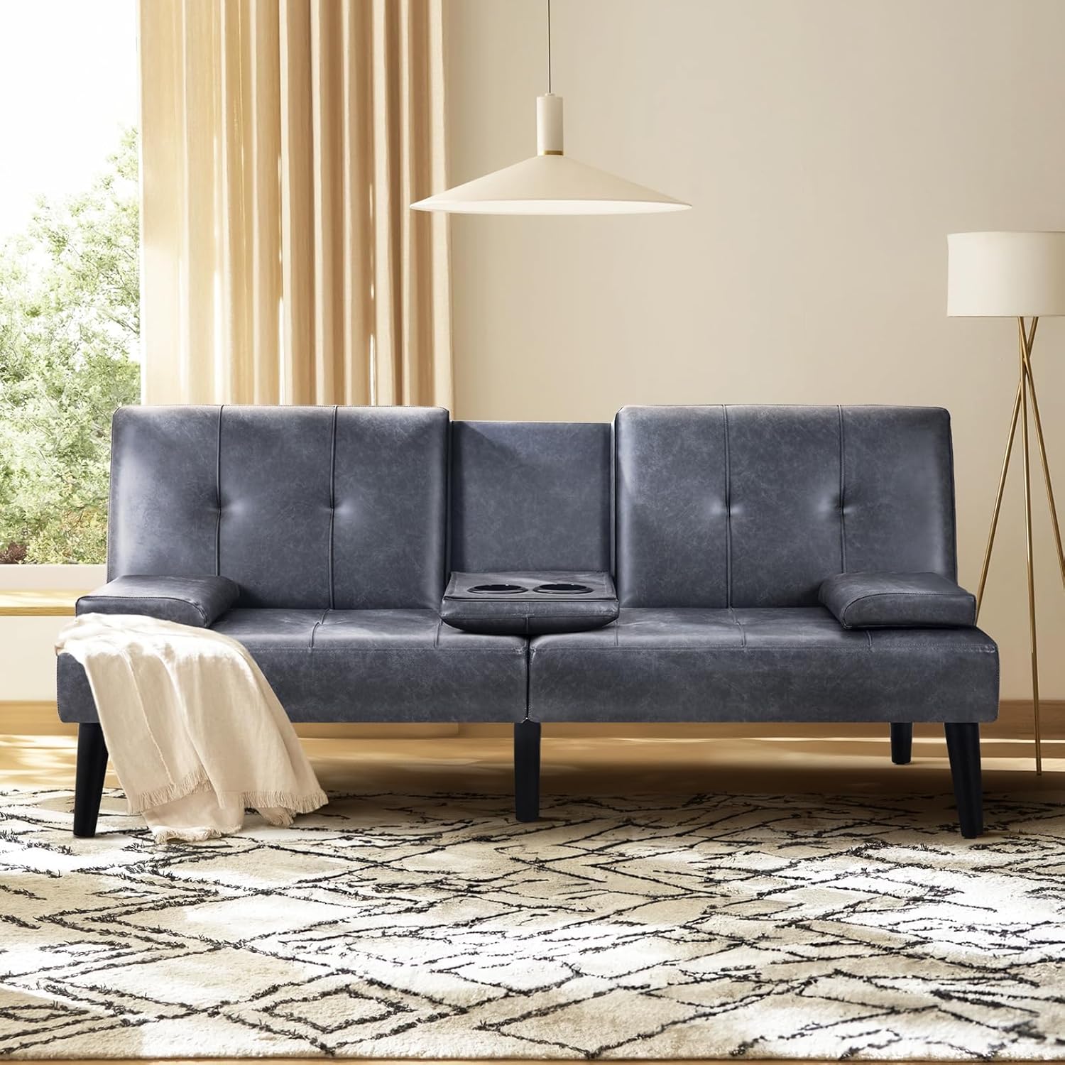 COLAMY - Sofá Cama de futón pequeño, de Piel, futón, sofá de salón, futón Convertible con Soporte para Tazas, reposabrazos extraíble, Respaldo Ajustable, Gris Oscuro