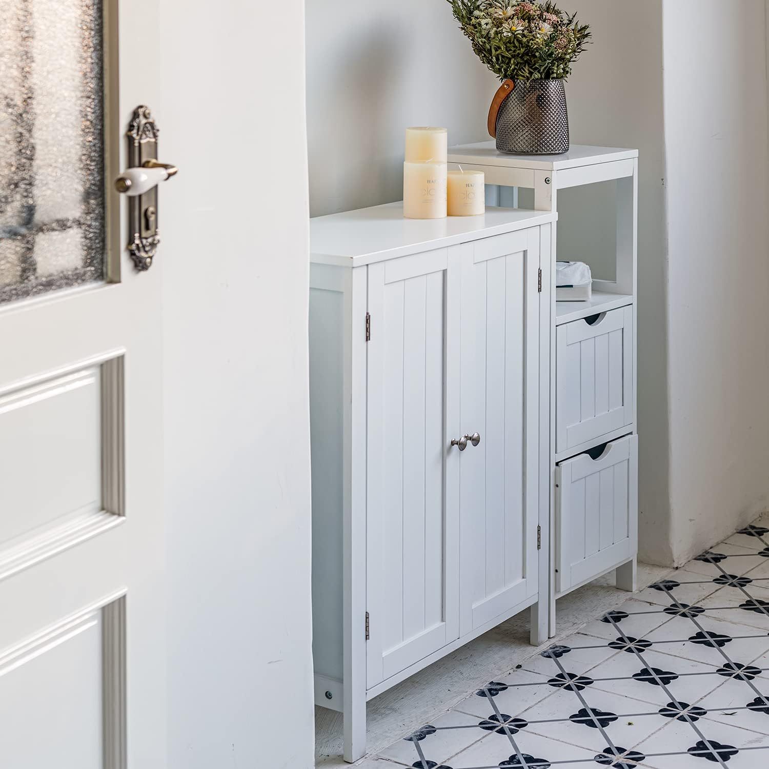 Gabinete de Almacenamiento para Piso de Baño con Puerta Doble, Estante Ajustable, para Baño, Sala de Estar, Cocina, Estilo Nórdico Escandinavo, Fácil Montaje