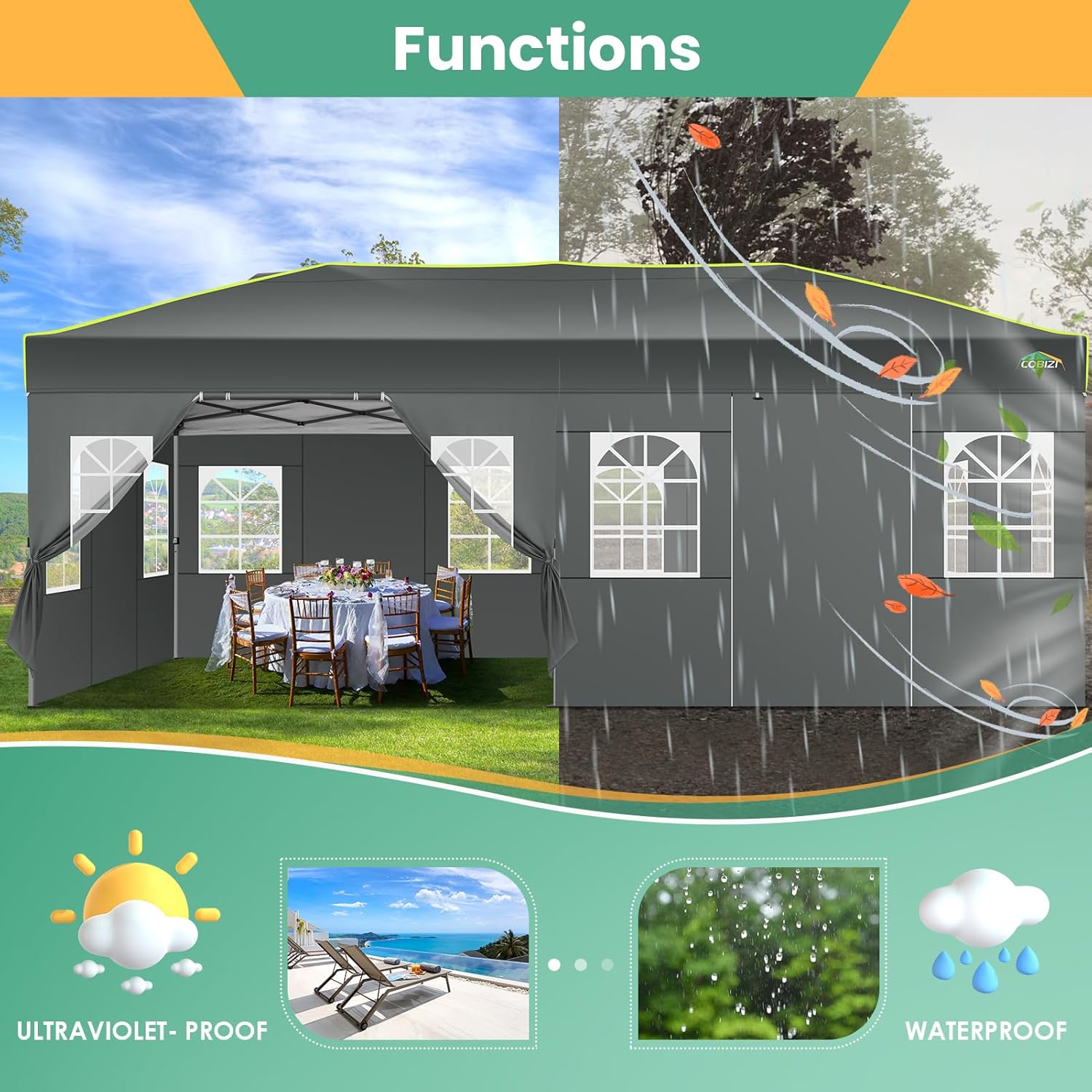 COBIZI - Tienda de campaña desplegable de 10 x 20 Pulgadas, Tienda de campaña instantánea Comercial para Bodas, Fiestas con 3 Altura Ajustable, toldo Ez Up para Exteriores, Impermeable, UPF50+ con