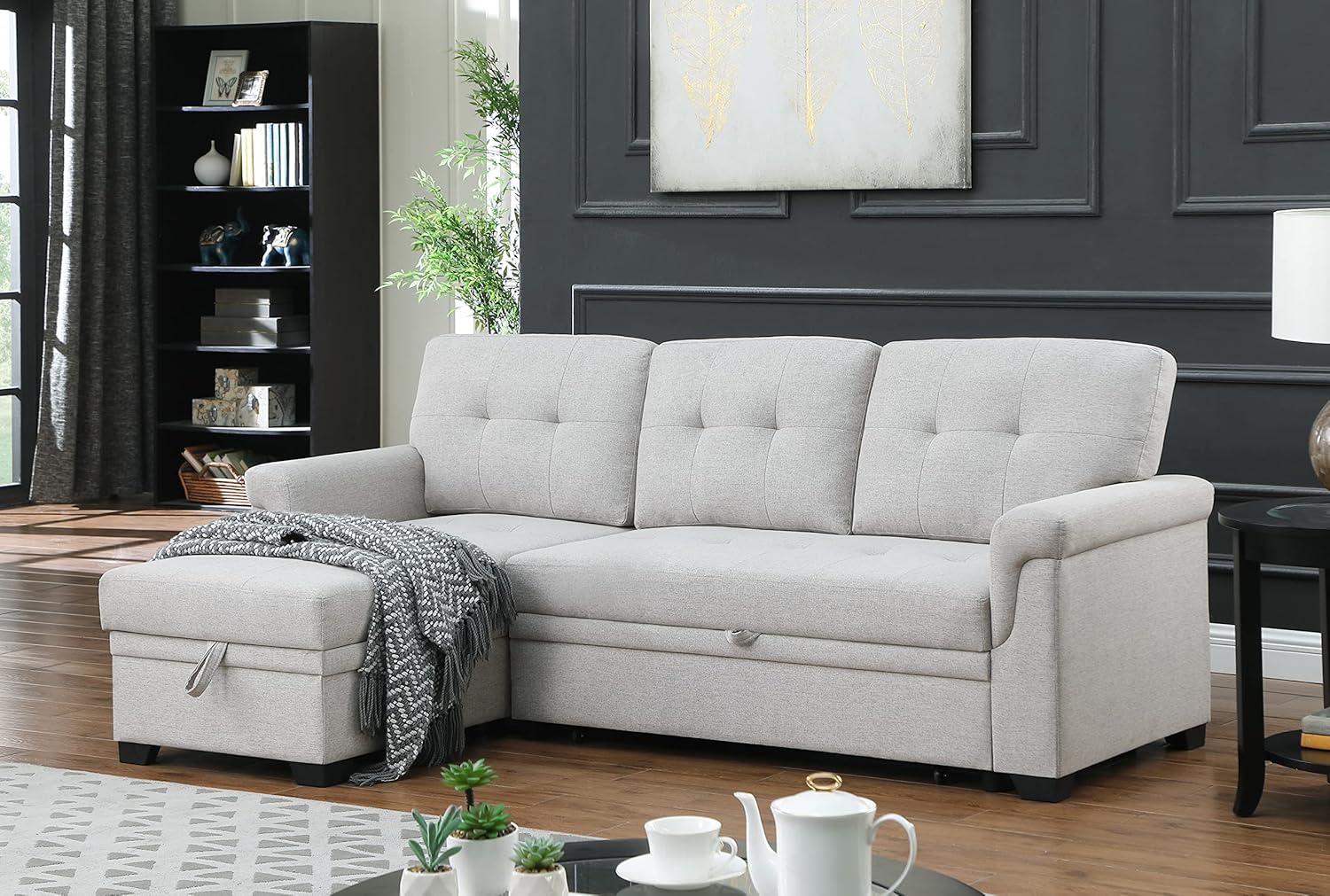Lilola Home Lucca - Sofá seccional Reversible de Lino Gris Claro con diván de Almacenamiento