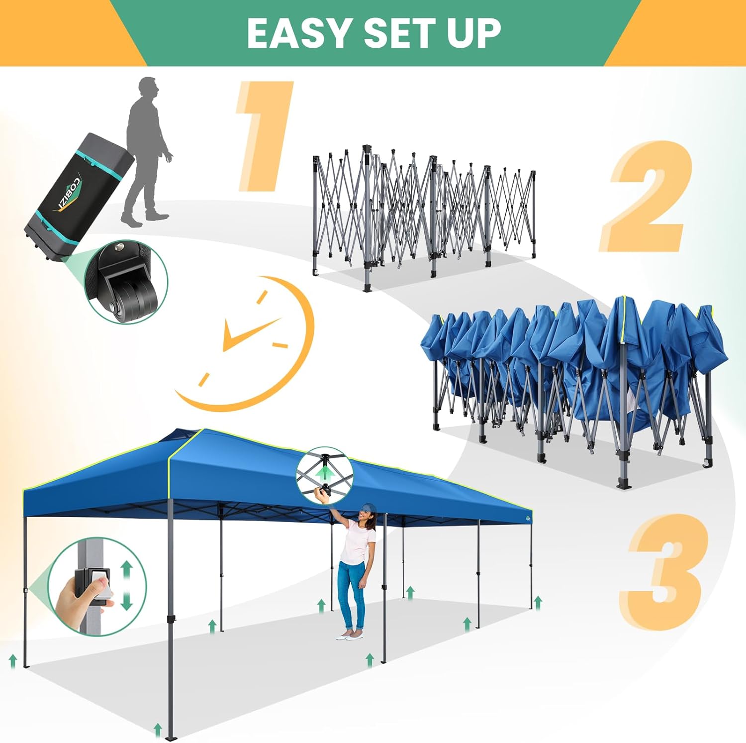 COBIZI - Tienda de campaña desplegable de 10 x 20 Pulgadas, Tienda de campaña instantánea Comercial para Bodas, Fiestas con 3 Altura Ajustable, toldo Ez Up para Exteriores, Impermeable, UPF50+ con