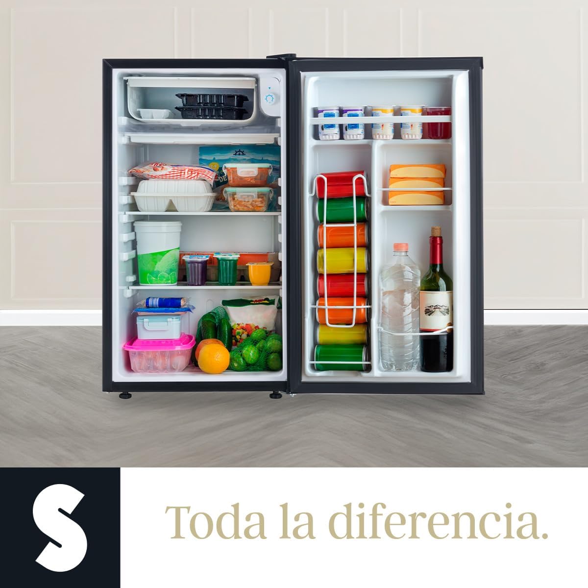 SIGNA Frigobar 90.4L (3.2 pies cubicos) Mini Refrigerador Compacto Negro Refrigerador Pequeño Con congelador de Acero Inoxidable Ideal Para Espacios Pequeños Frigobar Mini Multifuncional (90.4 Litros)