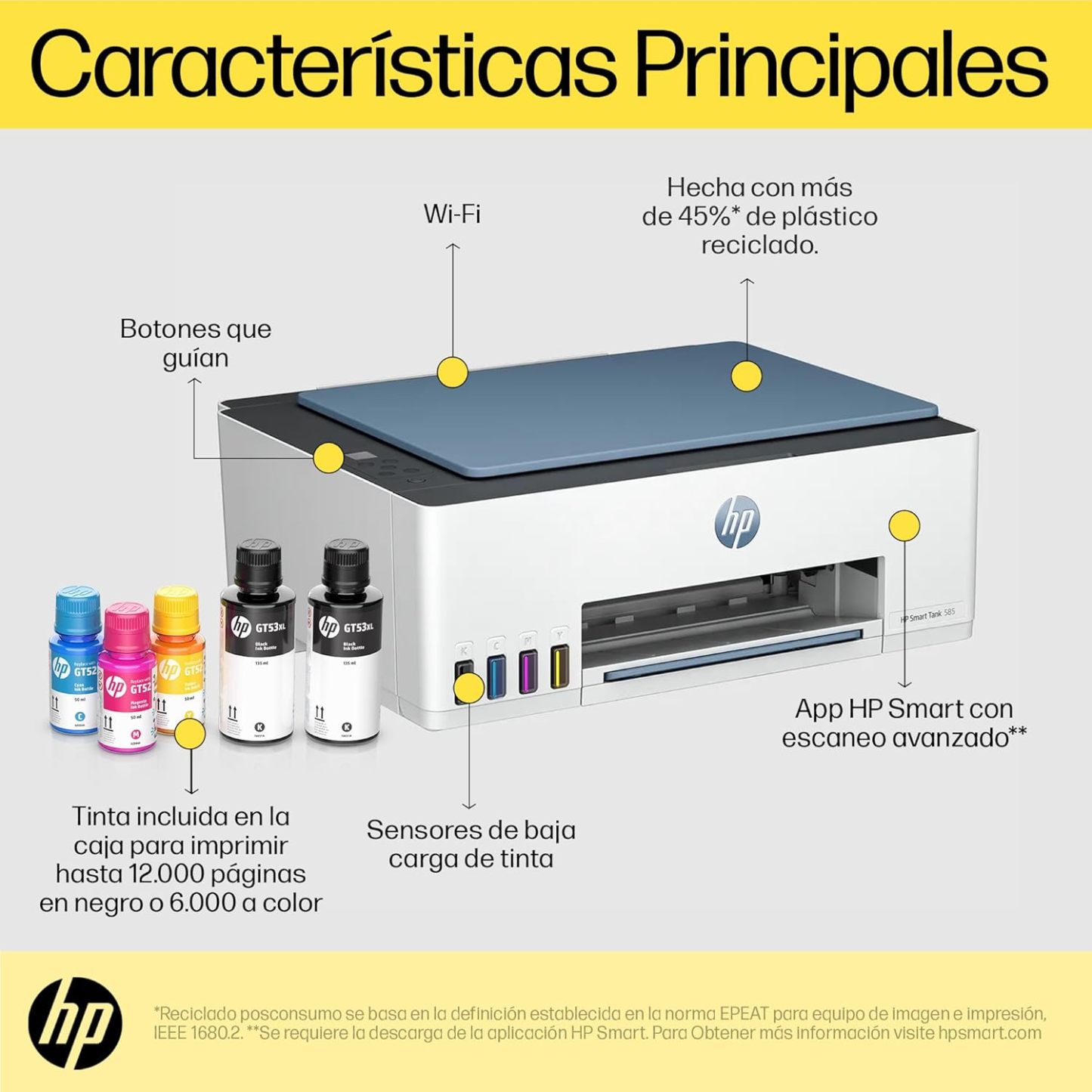 HP Impresora Multifuncional Smart Tank 585, Tinta Continua, Color, Wi-Fi, Dúplex (Doble Cara) Manual, Impresión Desde Smart App, hasta 2 años de Garantía* (1F3Y4A)