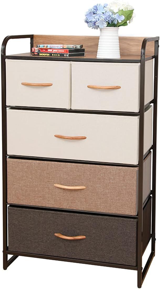 MU:4LIFE Cómoda De 5 Cajones Almacenamiento para Hogar Y Oficina, Organizador Cajonera De Estructura Metal y Cajones De Tela Lino Poliéster y Tela No Tejida (Gris Claro)