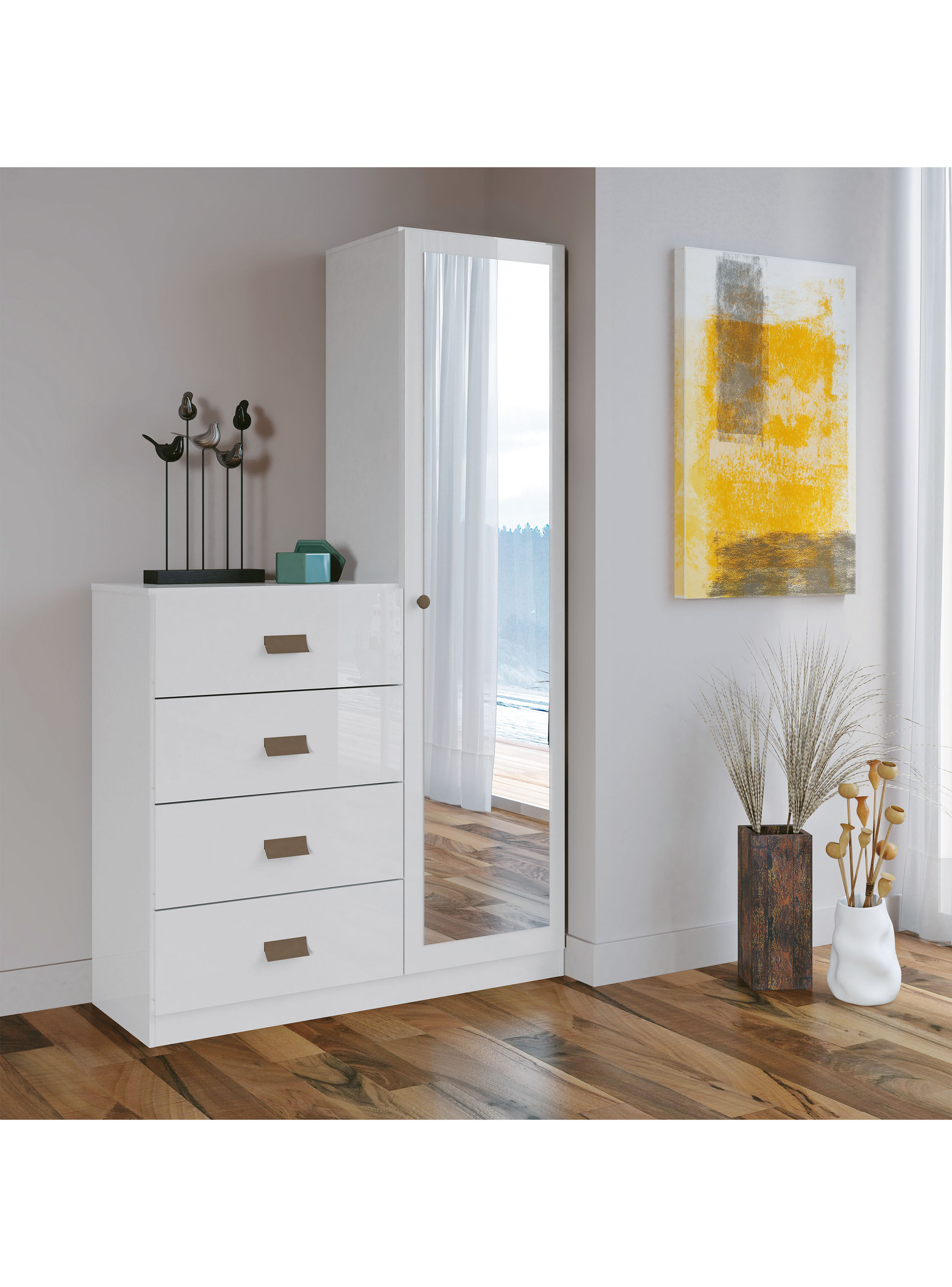 Cómoda Estilo 1 Puerta con espejo 4 Cajones