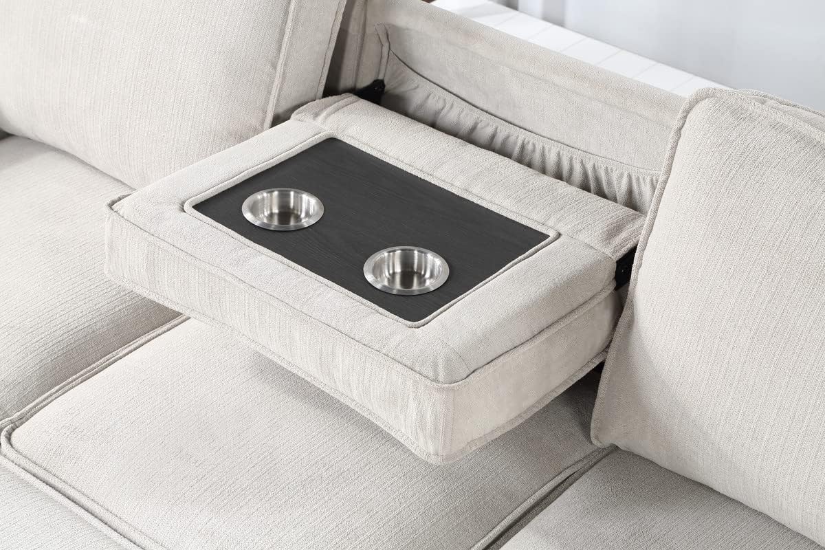 Lilola Home Estelle - Cama Reversible de Tela Beige de 86 Pulgadas, con Mesa desplegable de Almacenamiento para tumbonas, 2 portavasos y 2 Puertos USB