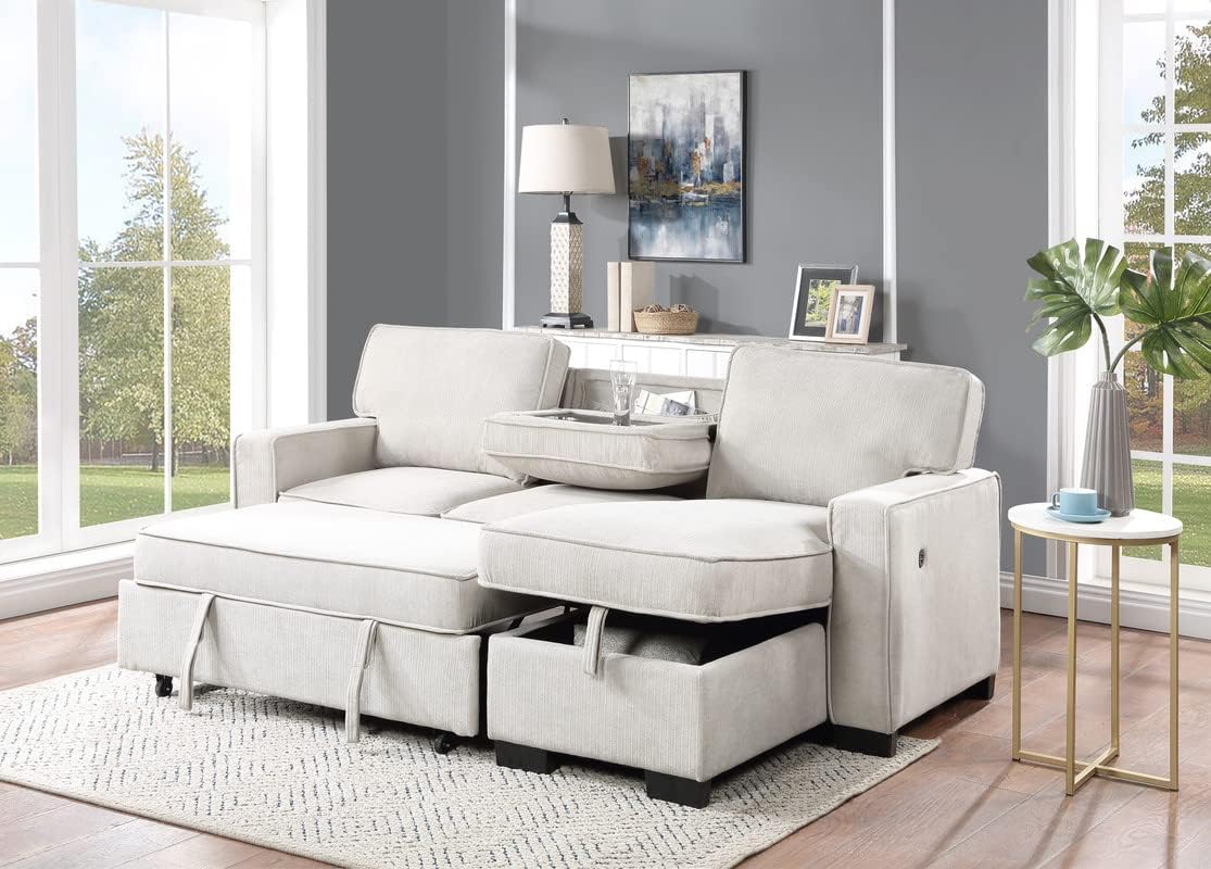 Lilola Home Estelle - Cama Reversible de Tela Beige de 86 Pulgadas, con Mesa desplegable de Almacenamiento para tumbonas, 2 portavasos y 2 Puertos USB