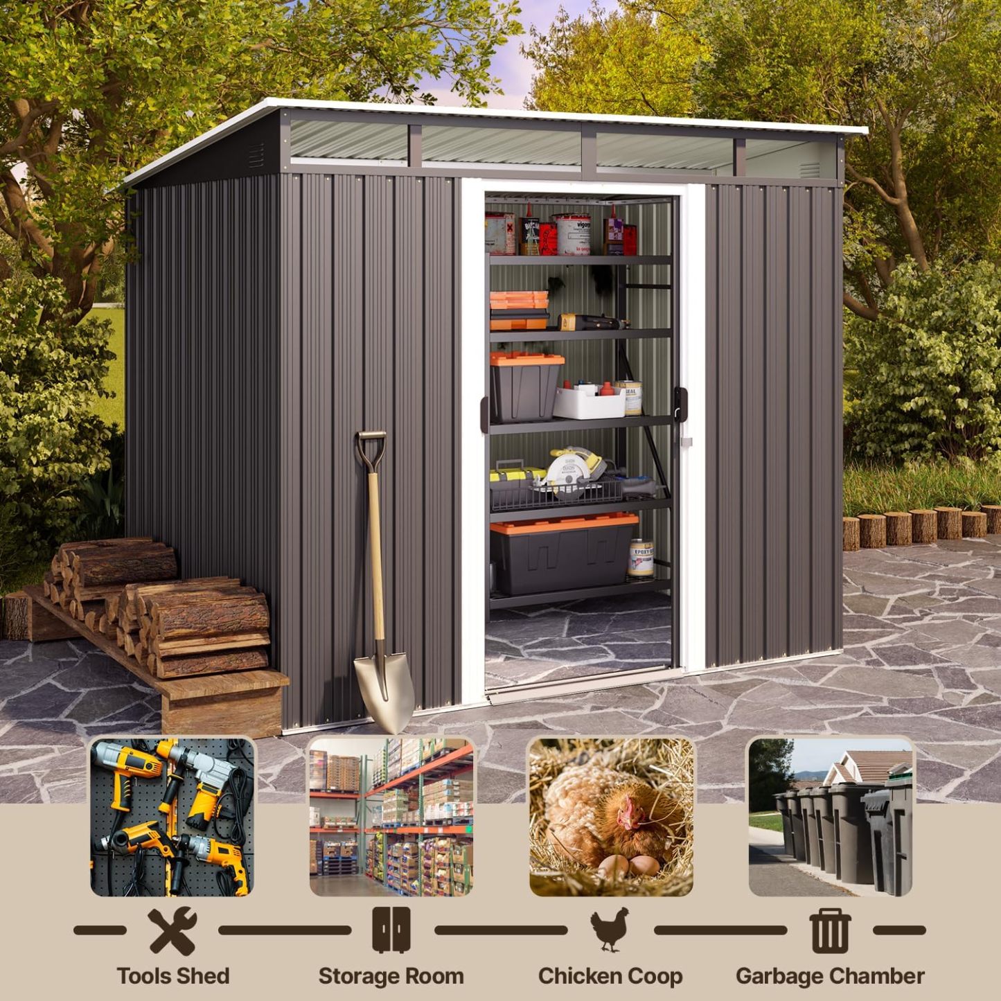 Gizoon - Cobertizo de almacenamiento para exteriores de metal de 6 x 4 pies, cobertizo de jardín con puertas correderas con cerradura, versátil cobertizo para bicicletas con ventanas de panel