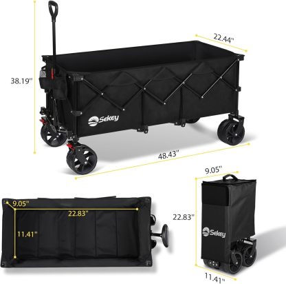 Sekey Carro plegable plegable de 48 pulgadas de largo con capacidad de peso de 420 libras, carro de jardín plegable de 300 litros de servicio pesado con ruedas de playa grandes todo terreno y soportes