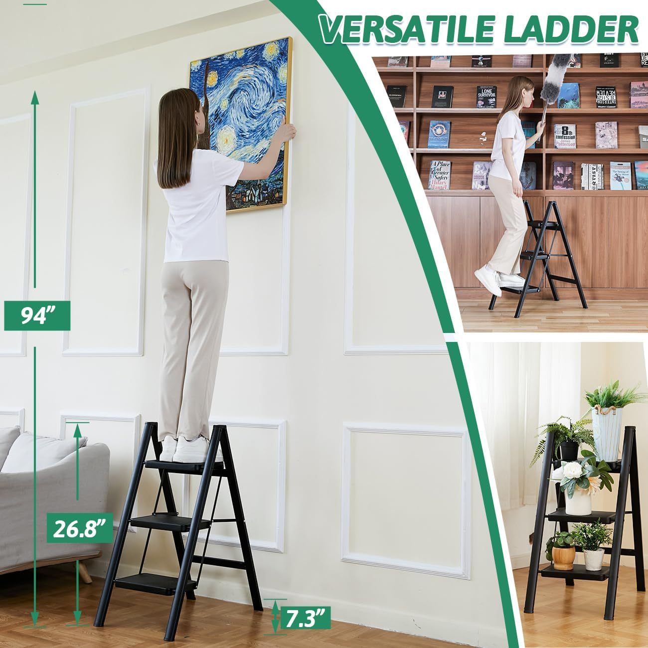 Escalera plegable de 5 peldaños de carga de 350 libras para el hogar/interior, escalera alta de cocina/clóset para adultos, escalera ligera compacta con pedal ancho antideslizante, color