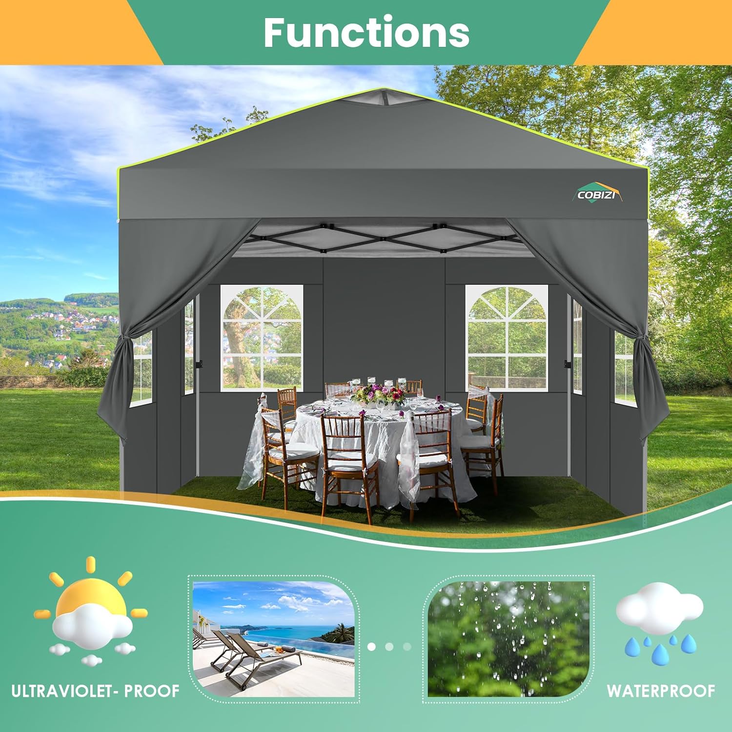 COBIZI - Tienda de campaña desplegable de 10 x 20 Pulgadas, Tienda de campaña instantánea Comercial para Bodas, Fiestas con 3 Altura Ajustable, toldo Ez Up para Exteriores, Impermeable, UPF50+ con