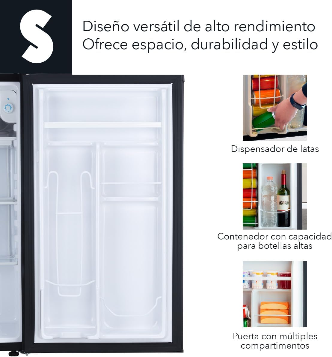 SIGNA Frigobar 90.4L (3.2 pies cubicos) Mini Refrigerador Compacto Negro Refrigerador Pequeño Con congelador de Acero Inoxidable Ideal Para Espacios Pequeños Frigobar Mini Multifuncional (90.4 Litros)