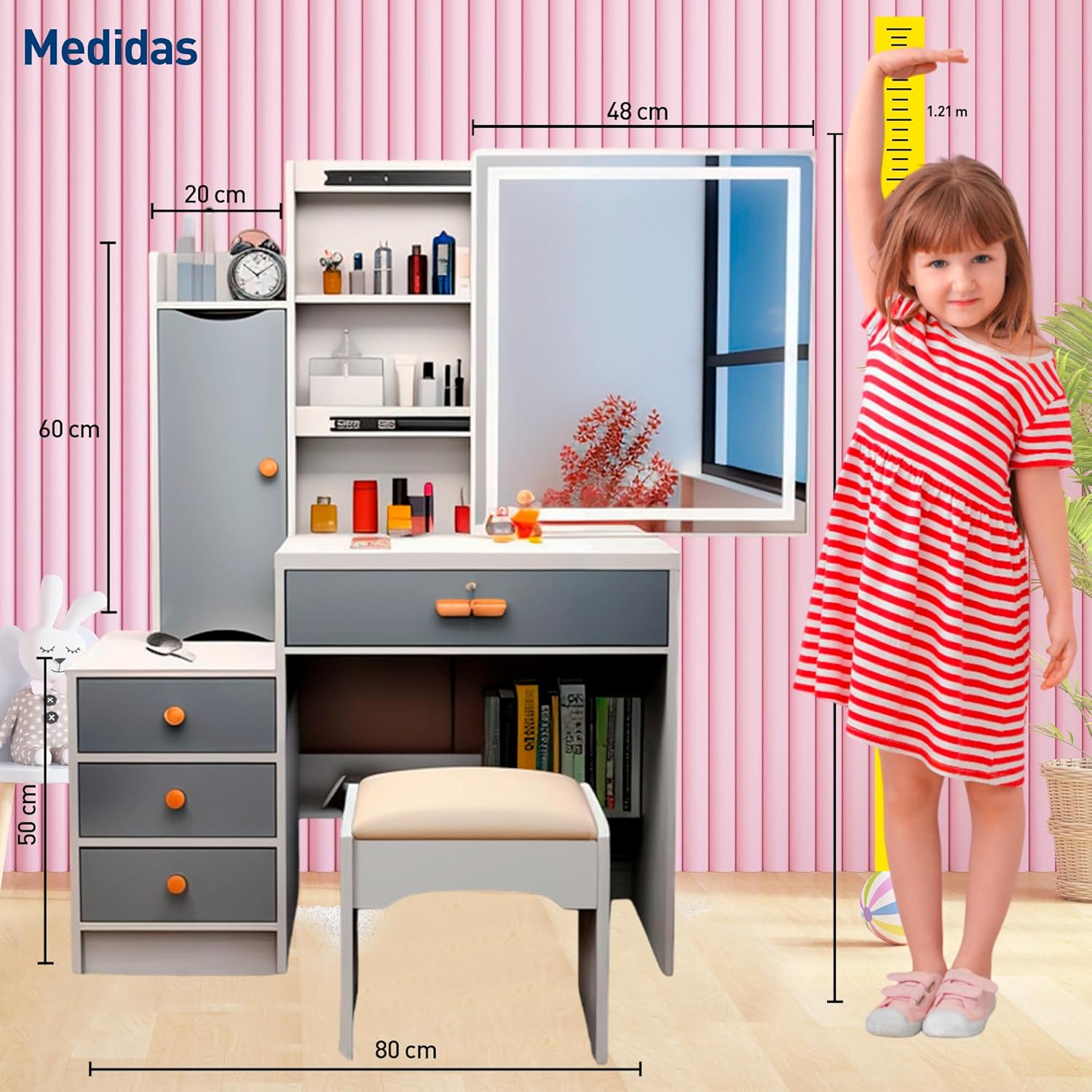 Bluelander Tocador De Niña, Tocador Vanity, Tocador para Niña, Vanity Tocador Hollywood, Tocador de Maquillaje con 4 Cajones, Estantes Ocultos, Incluye Taburete Acolchado, Espejo Led (Gris Claro)