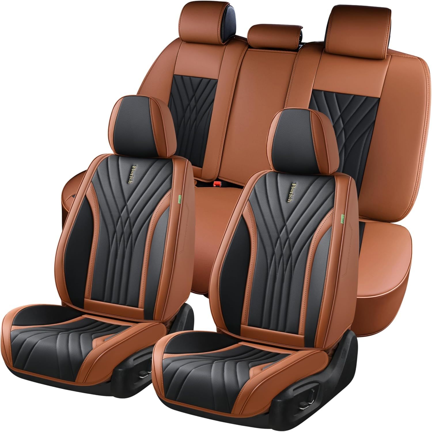 FLORICH - Juego completo de fundas de asiento de piel, fundas universales para 5 asientos, protector de asiento de coche, cojín de piel para asiento de coche, fundas de asiento de automóvil marrones,