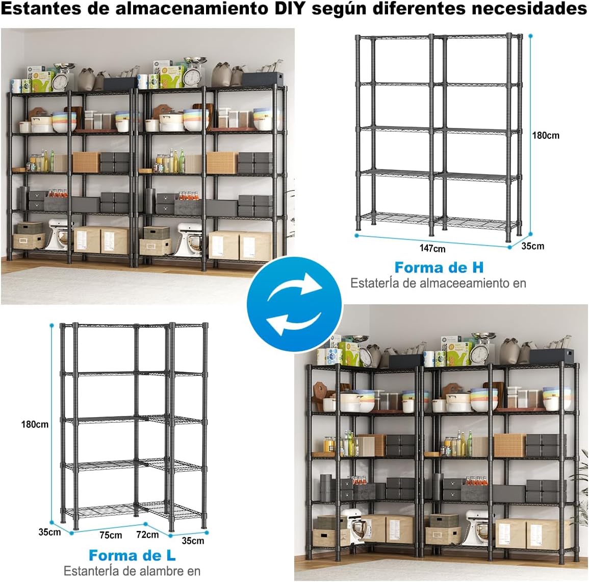MXLENOBLE Estante de 5 repisas, Estantería de Almacenamiento Ajustable de estantes, Resistente en Ruedas de 4 Pulgadas, Estante Organizador de Metal, Cromado (IC085-B)
