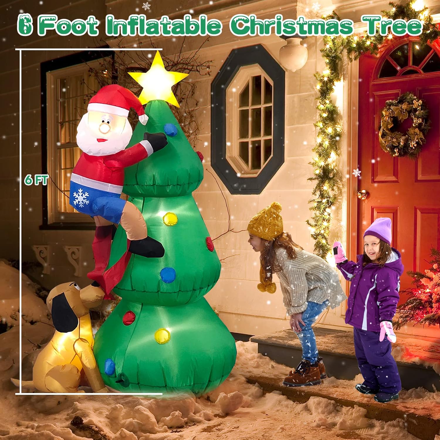 Danxilu 1.83M Arbol de Navidad Inflable con Papá Noel Perro Decoraciones al Aire Libre, Inflables Navidad Arbol Santa Claus para el Patio Inflables Navideños Decoración Iluminada con Leds