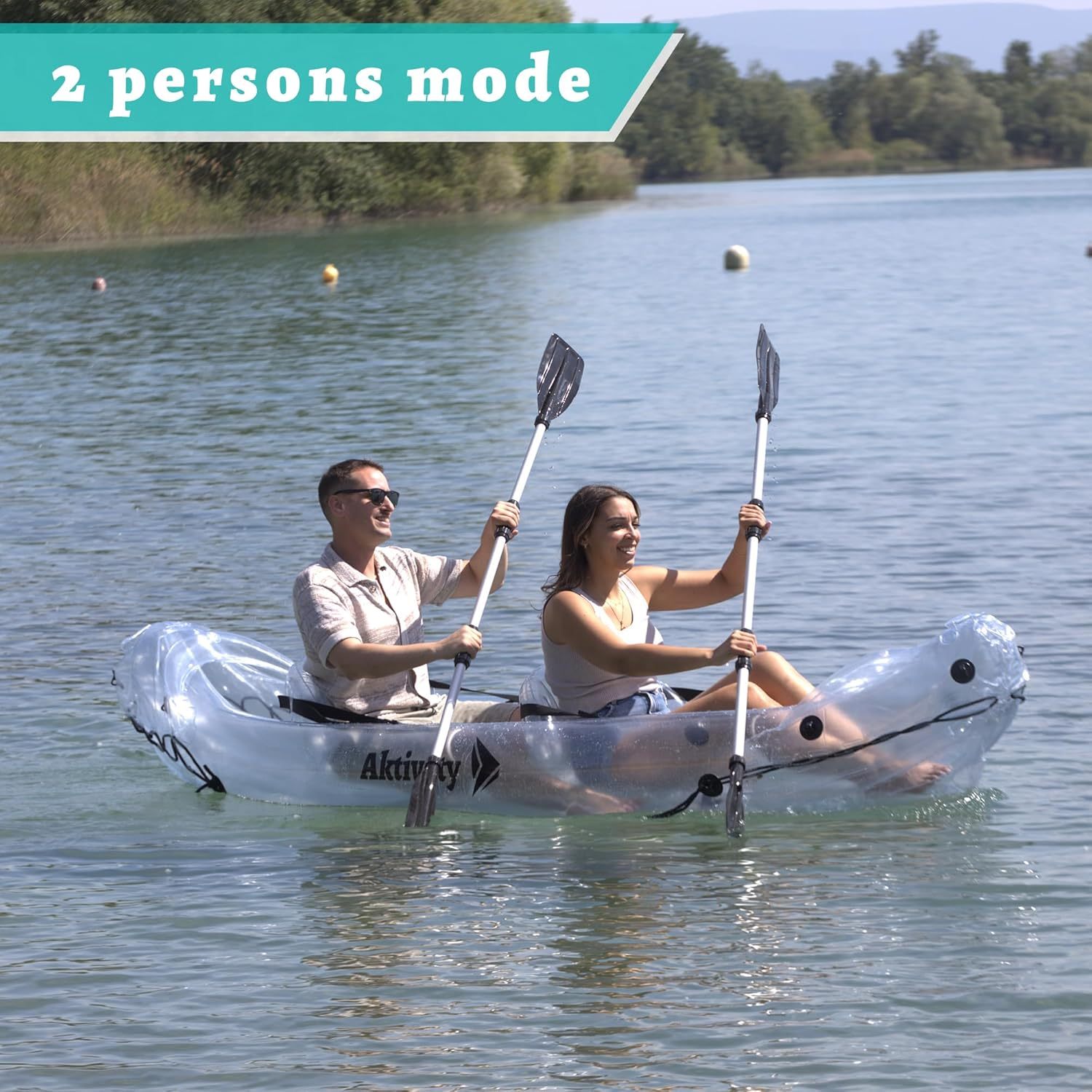Clear Kayak - Tándem Inflable Transparente De 2 Plazas Para Dos Adultos - Estilo Translúcido - Set Completo Con Asientos Ajustables, Bomba, Remos, Bolsa De Transporte Y Aleta De Seguimiento