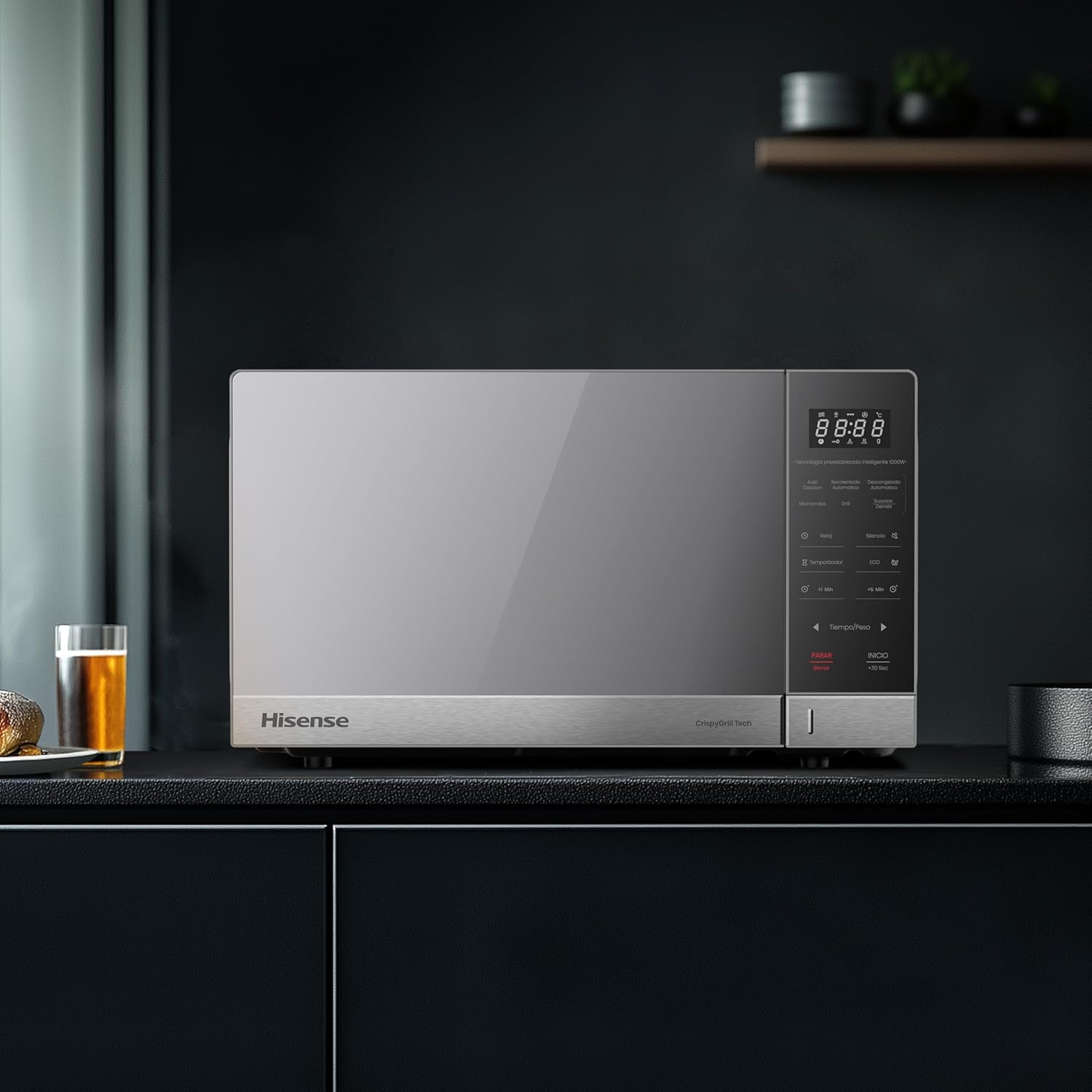 Horno de Microondas Hisense, 1.1 Pies Cúbicos, 10 Niveles de Potencia, Color Gris, Modelo HMMG3010SMG