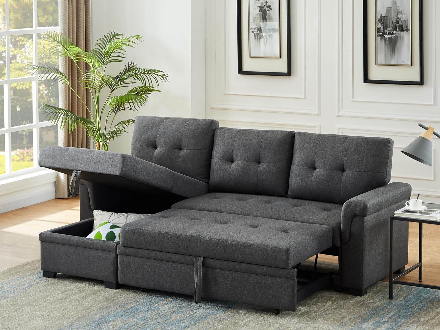 Lilola Home Lucca - Sofá seccional Reversible de Lino Gris Claro con diván de Almacenamiento