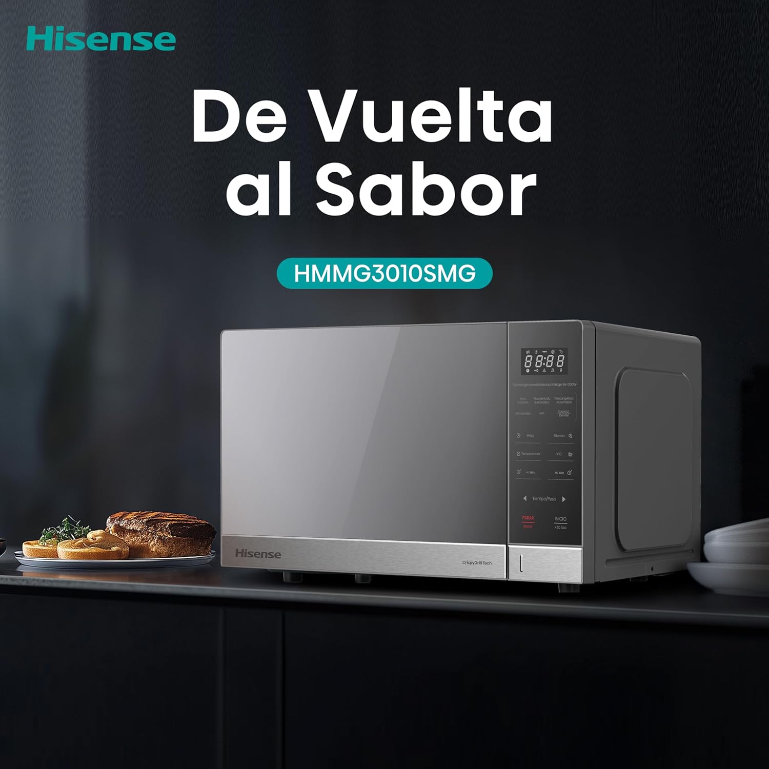 Horno de Microondas Hisense, 1.1 Pies Cúbicos, 10 Niveles de Potencia, Color Gris, Modelo HMMG3010SMG
