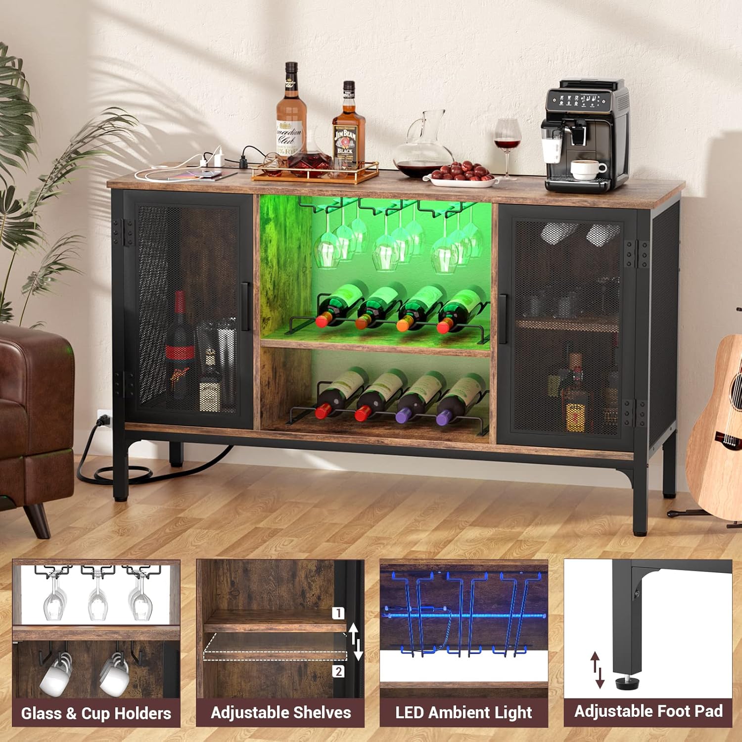 Homieasy Gabinete de Bar de Vino con Tomas de Corriente y Luces LED, Gabinete Industrial para Licor con Estantes de Vino Ajustables, Gabinetes de Estación de Café con Almacenamiento para Cocina/Hogar