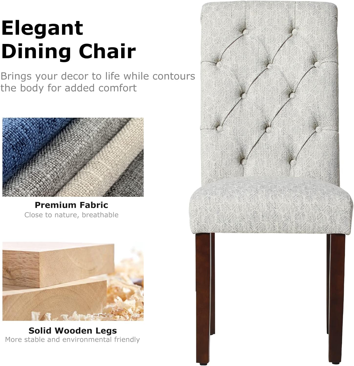 COLAMY - Juego de 6 sillas de Comedor con Botones y tapizadas, con Patas de Madera Maciza y Asiento Acolchado para Comedor, Cocina, Color Gris