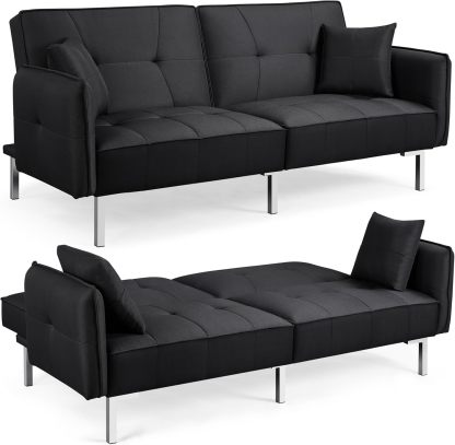 Yaheetech Sofá Cama Convertible Moderno futón sofás, Cama Plegable y Abajo, Tela de Lino reclinable para Sala de Estar, Color Gris