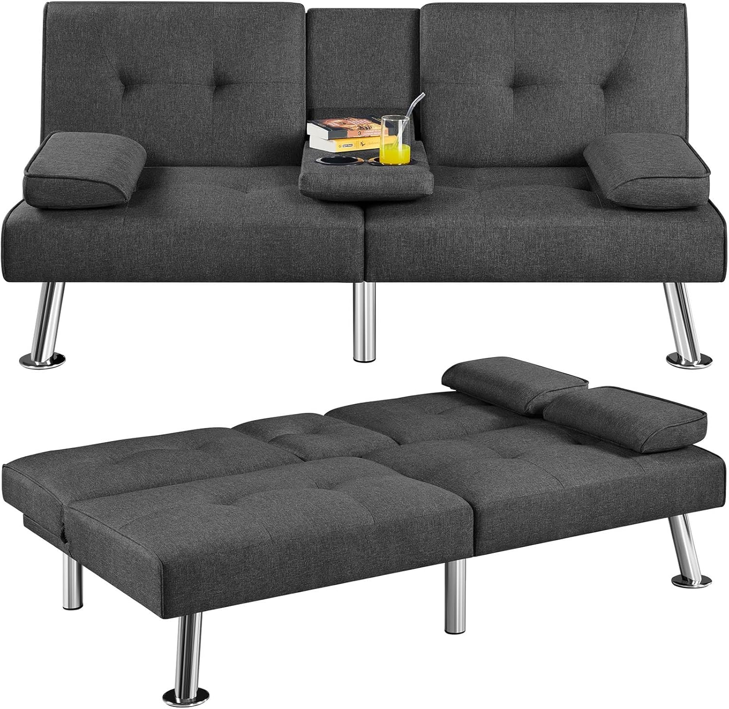 Yaheetech - Sofá Cama Convertible Ajustable, Moderno sillón reclinable de Piel sintética Reversible, sofá Cama Plegable, reposabrazos extraíbles, portavasos, 3 ángulos, Capacidad de 700 Libras, Color