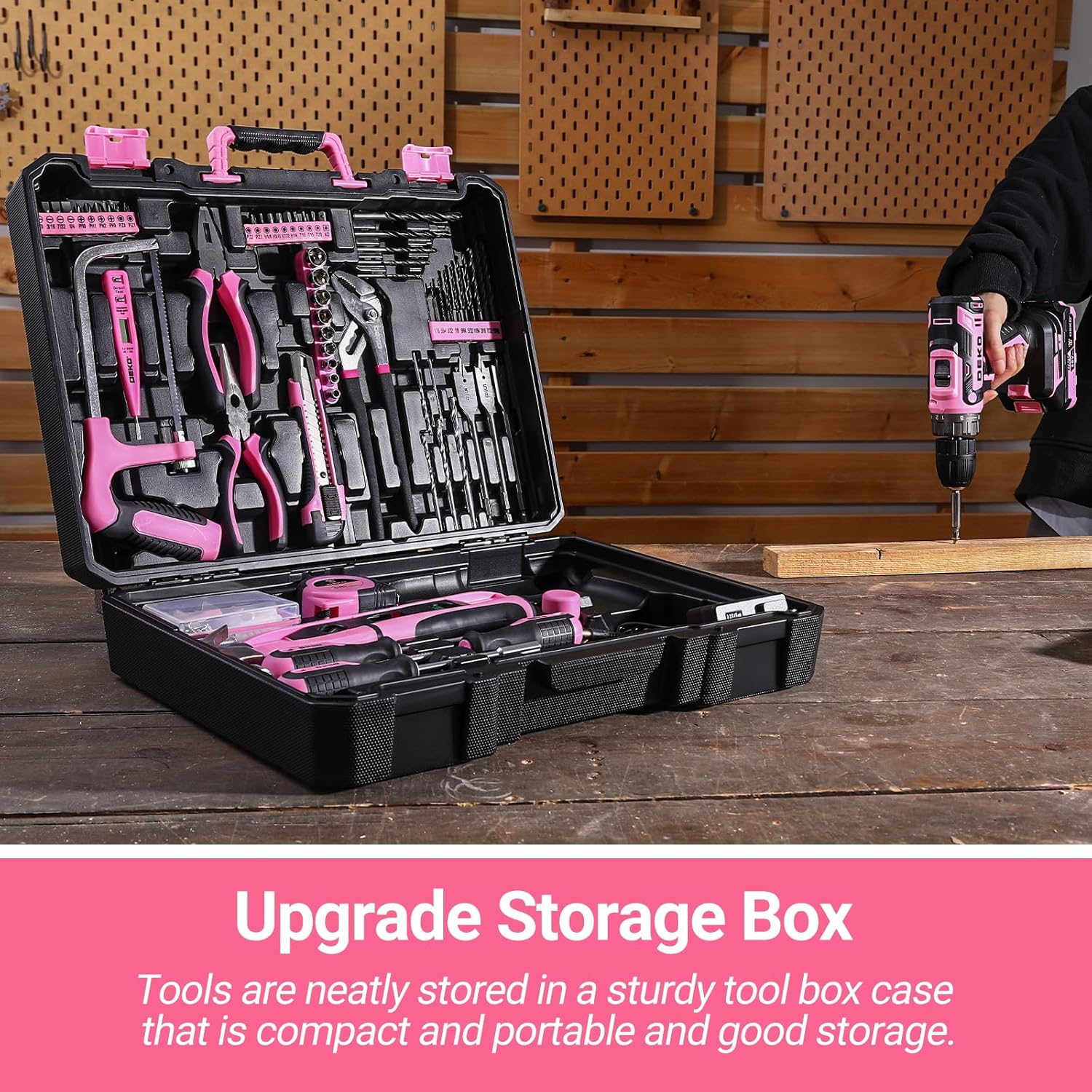 Juego de herramientas de taladro rosa: caja de herramientas de taladro eléctrico inalámbrico de 20 V con batería, taladro eléctrico para hombres, reparación de mano, caja de herramientas básicas