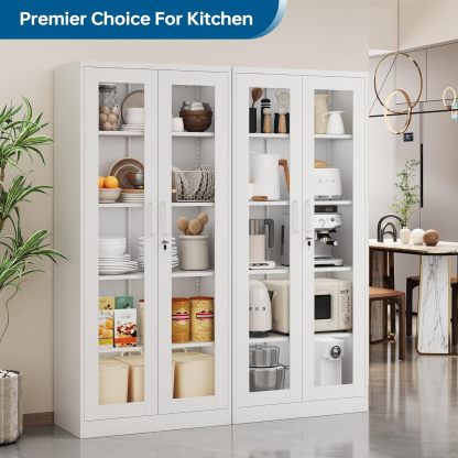 PEUKC - Vitrina con puertas de vidrio, vitrinas con 4 estantes ajustables y cerradura para el hogar, la oficina, la clínica, la despensa, requiere ensamblaje, negro, color madera