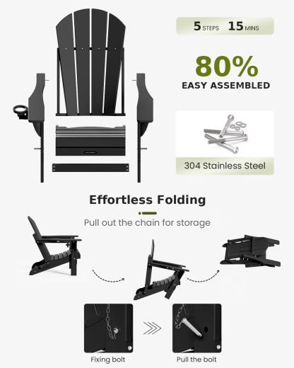 MUCHENGHY Sillas plegables Adirondack, sillas de patio, sillas para hogueras, sillas de exterior, sillas Adirondack de plástico, sillas de césped resistentes a la intemperie con portavasos para terraza, patio trasero, jardín (negro)