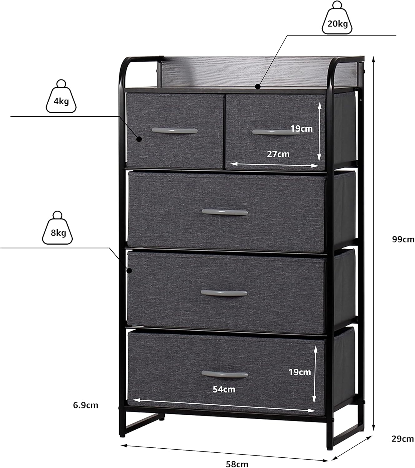 MU:4LIFE Cómoda De 5 Cajones Almacenamiento para Hogar Y Oficina, Organizador Cajonera De Estructura Metal y Cajones De Tela Lino Poliéster y Tela No Tejida (Gris Claro)