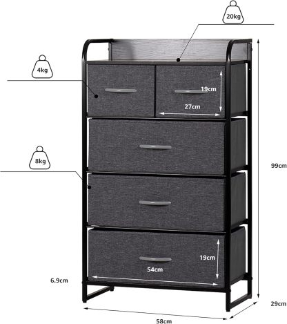 MU:4LIFE Cómoda De 5 Cajones Almacenamiento para Hogar Y Oficina, Organizador Cajonera De Estructura Metal y Cajones De Tela Lino Poliéster y Tela No Tejida (Gris Claro)