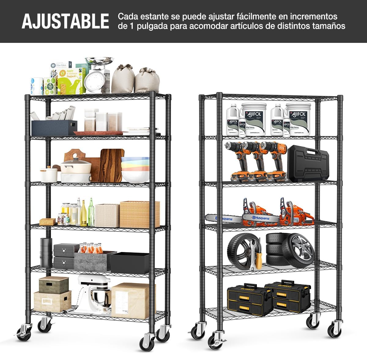 MXLENOBLE Estante de 5 repisas, Estantería de Almacenamiento Ajustable de estantes, Resistente en Ruedas de 4 Pulgadas, Estante Organizador de Metal, Cromado (IC085-B)