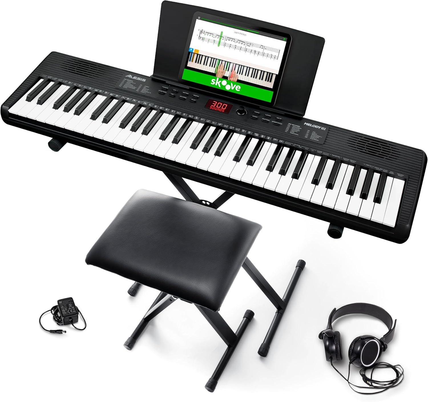 Alesis Melody 61 MK4 Teclado Piano Eléctrico para Principiantes con 61 Teclas, Altavoces, Soporte, Banqueta, Auriculares, 300 Sonidos y Lecciones de Música
