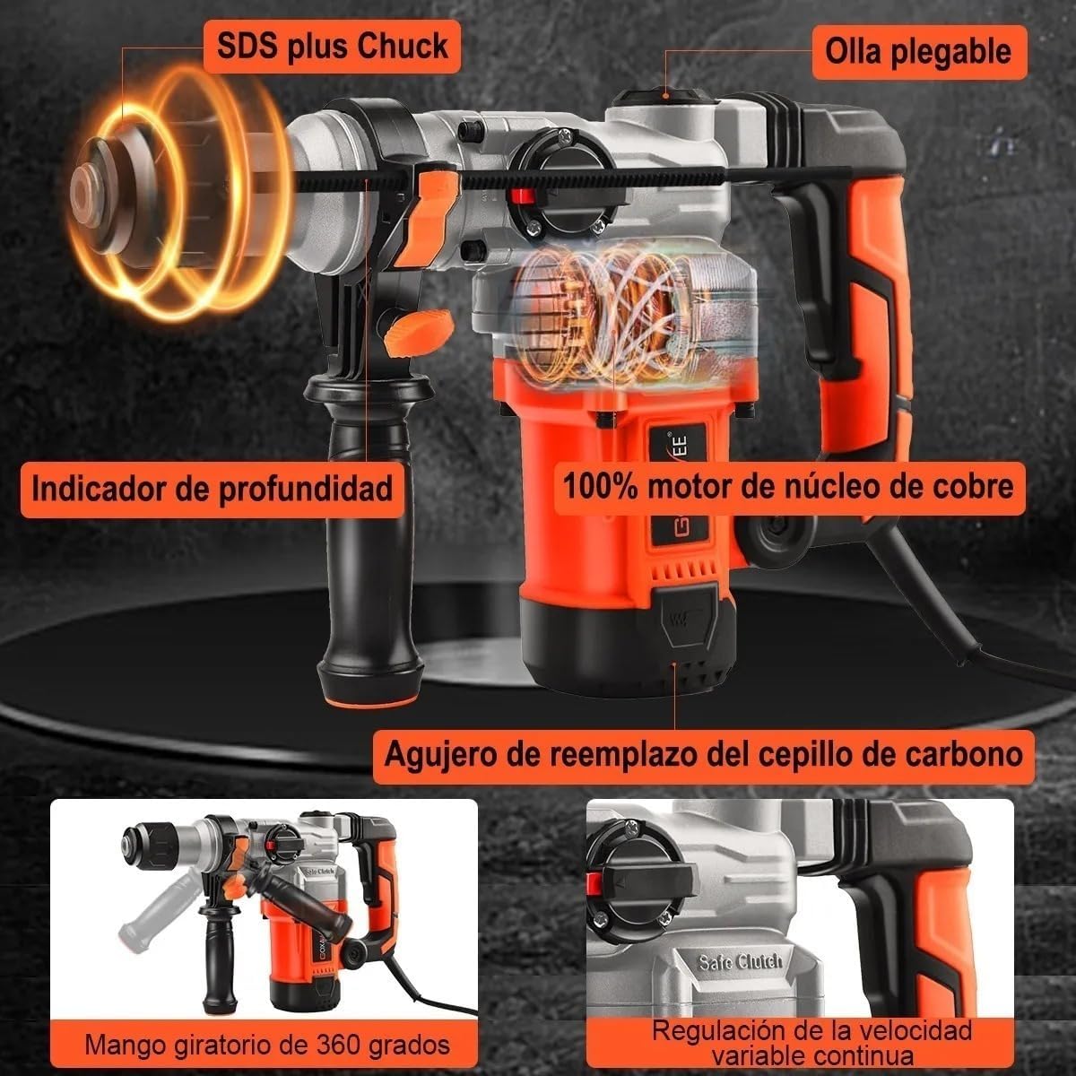 GOXAWEE Kit De 1600W Rotomartillo Cincelador Perforador, 1050RPM, SDS-Plus Con Maletín De Transporte, Taladro de martillo giratorio para Martillar Hormigón, Cavidades de Paredes